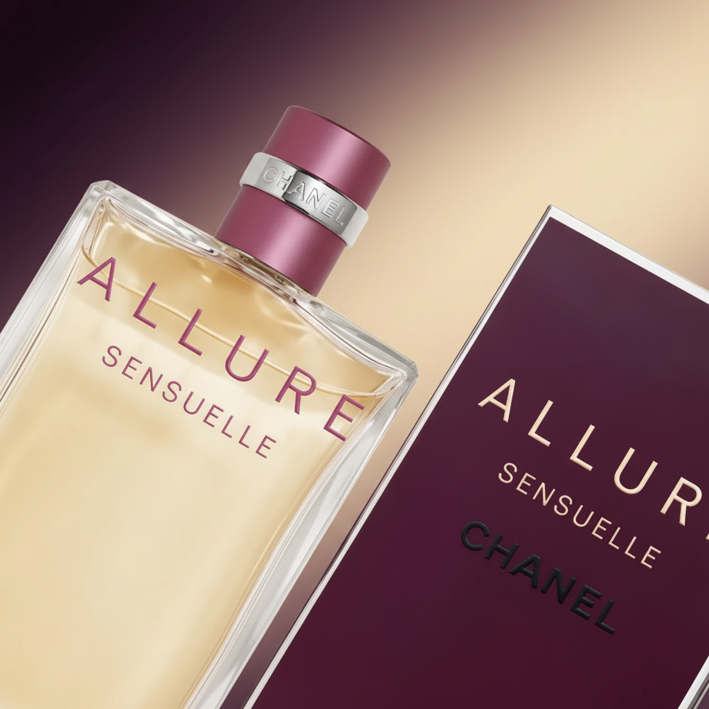 Detalhe do frasco do perfume Allure Sensuelle Eau de Toilette Feminino - Chanel com foco no vidro e no líquido