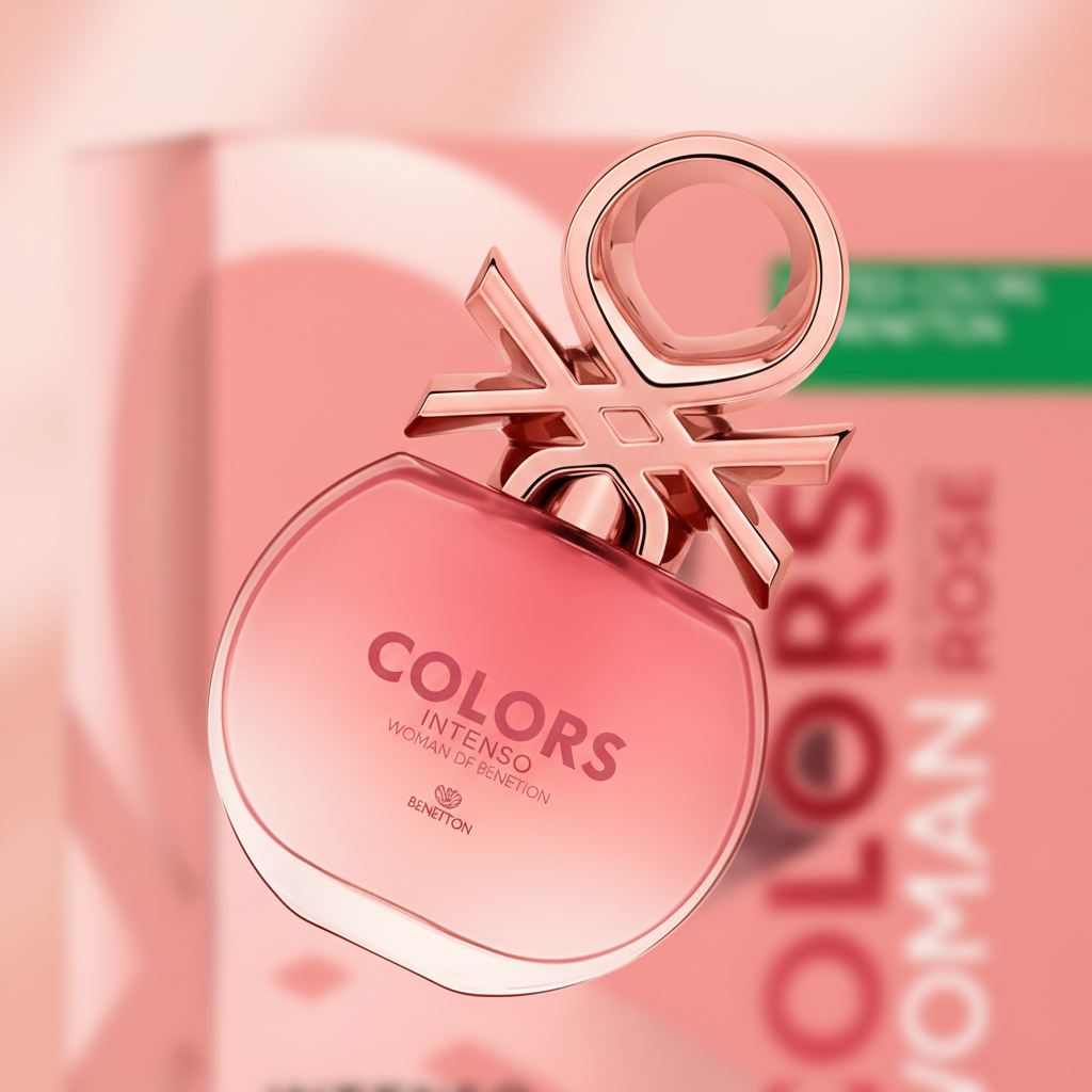 Detalhe do frasco do perfume Colors Rose Intenso Eau de Parfum Feminino - Benetton com foco no vidro e no líquido