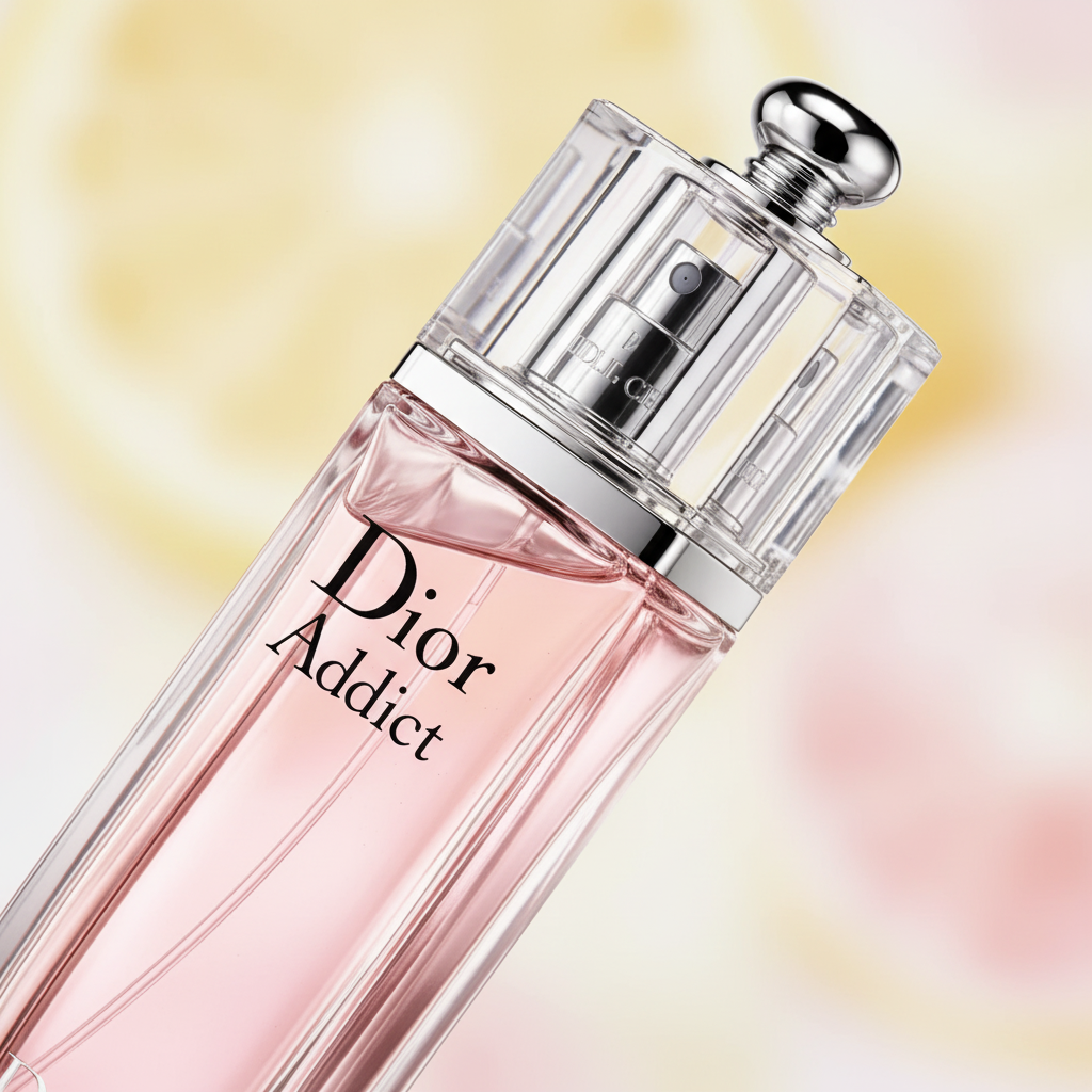 Detalhe do frasco do perfume Dior Addict Eau Fraîche Eau de Toilette Feminino - Dior com foco no vidro e no líquido