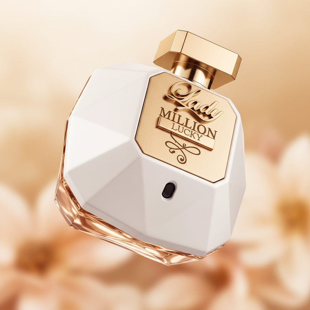 Detalhe do frasco do perfume Lady Million Lucky Eau de Parfum Feminino - Paco Rabanne com foco no vidro e no líquido