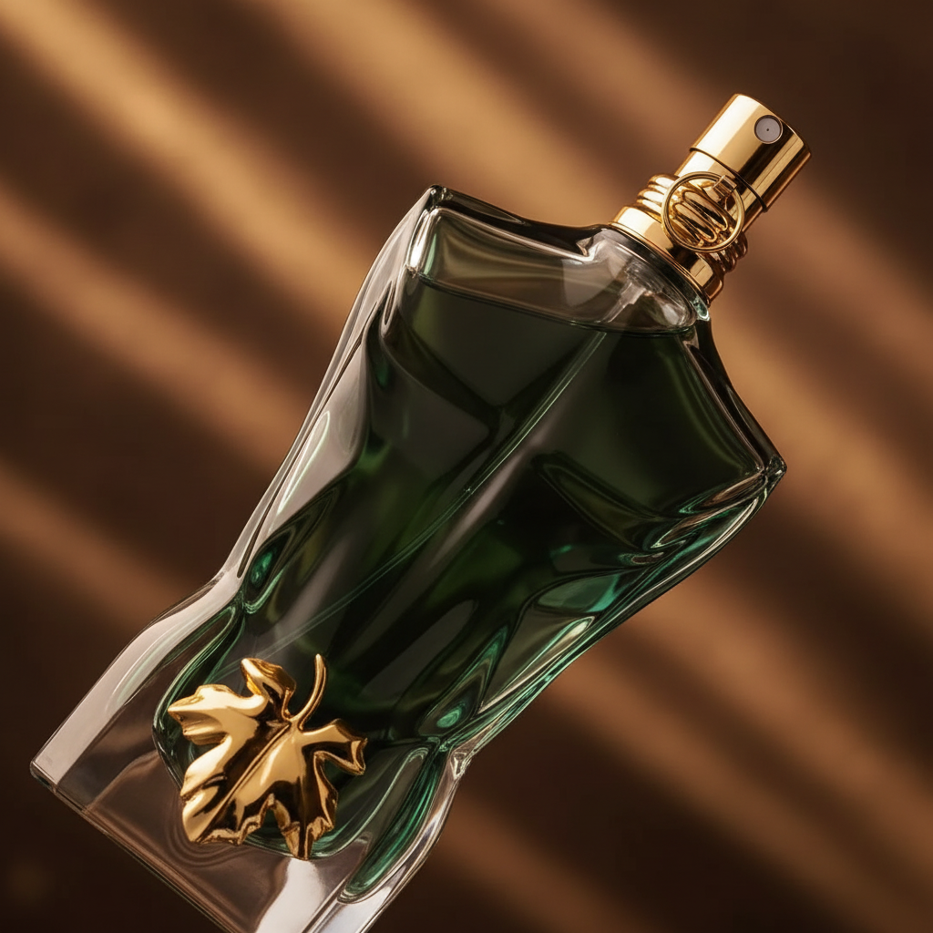 Detalhe do frasco do perfume Le Beau Le Parfum Eau de Parfum Intense Masculino - Jean Paul Gaultier com foco no vidro e no líquido