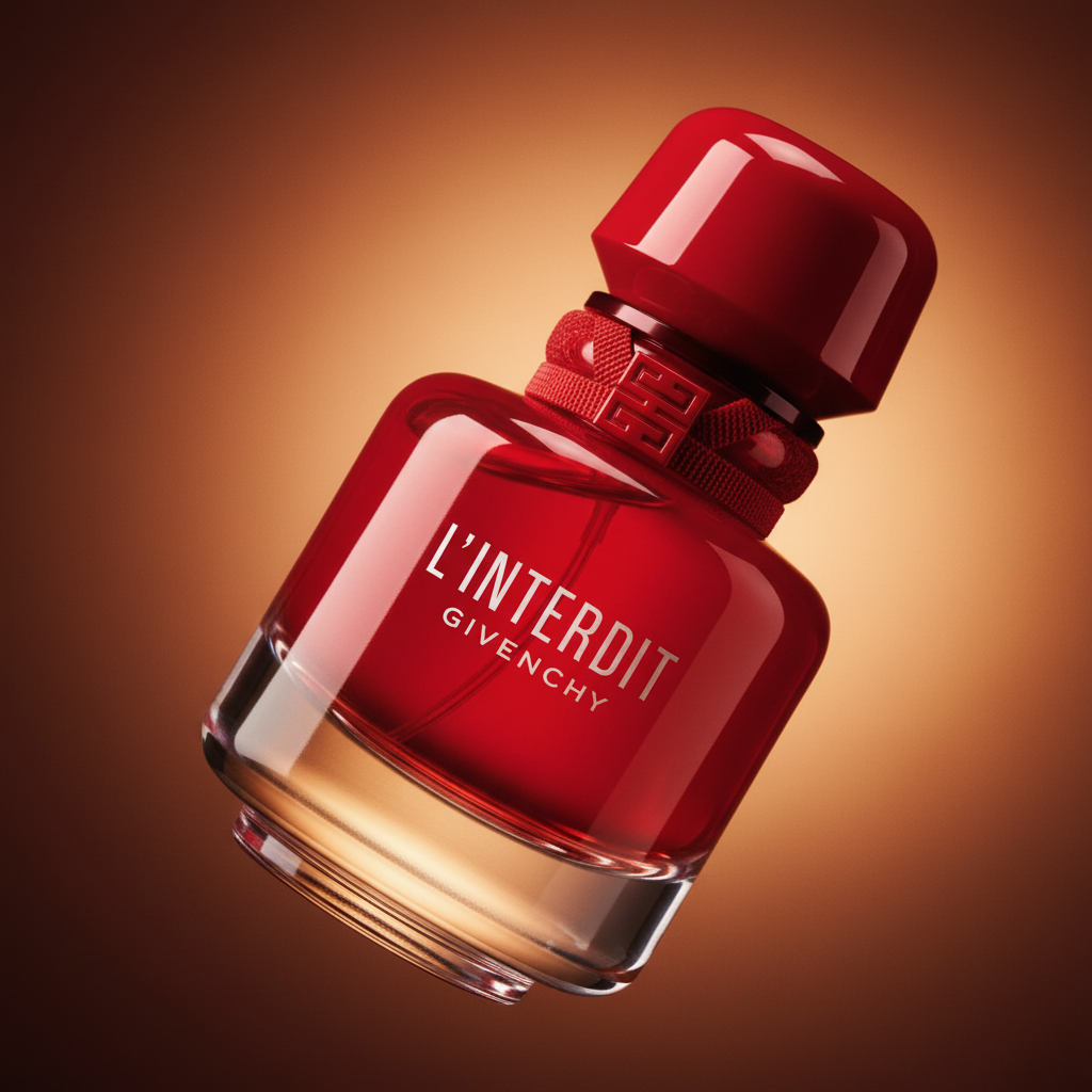 Detalhe do frasco do perfume L'Interdit Rouge Ultime Eau de Parfum Feminino - Givenchy com foco no vidro e no líquido