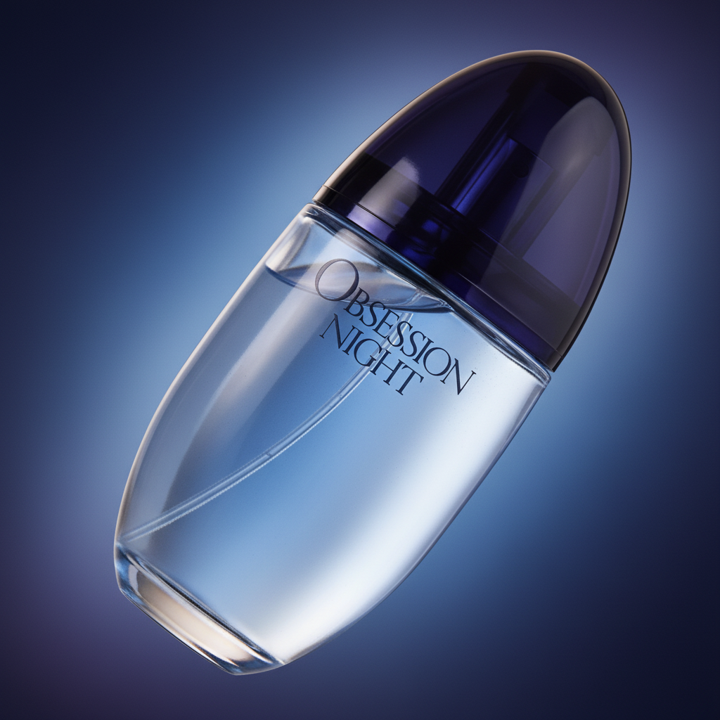 Detalhe do frasco do perfume Obsession Night Woman Eau de Parfum Feminino - Calvin Klein com foco no vidro e no líquido
