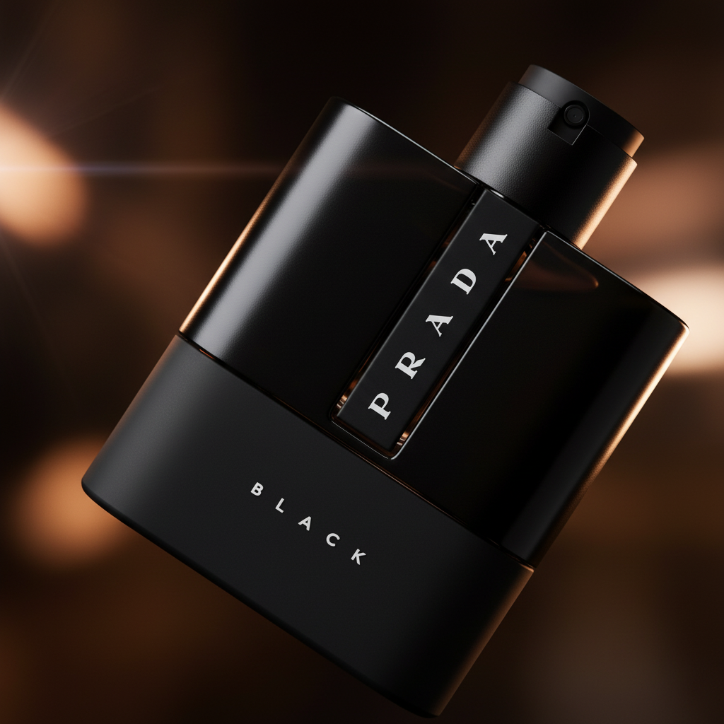 Detalhe do frasco do perfume Prada Luna Rossa Black Eau de Parfum Masculino - Prada com foco no vidro e no líquido