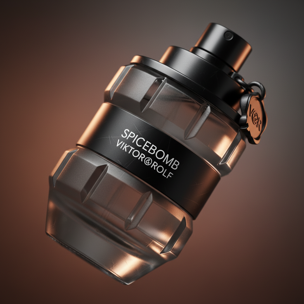 Detalhe do frasco do perfume Spicebomb Pour Homme Eau de Toilette Masculino - Viktor & Rolf com foco no vidro e no líquido