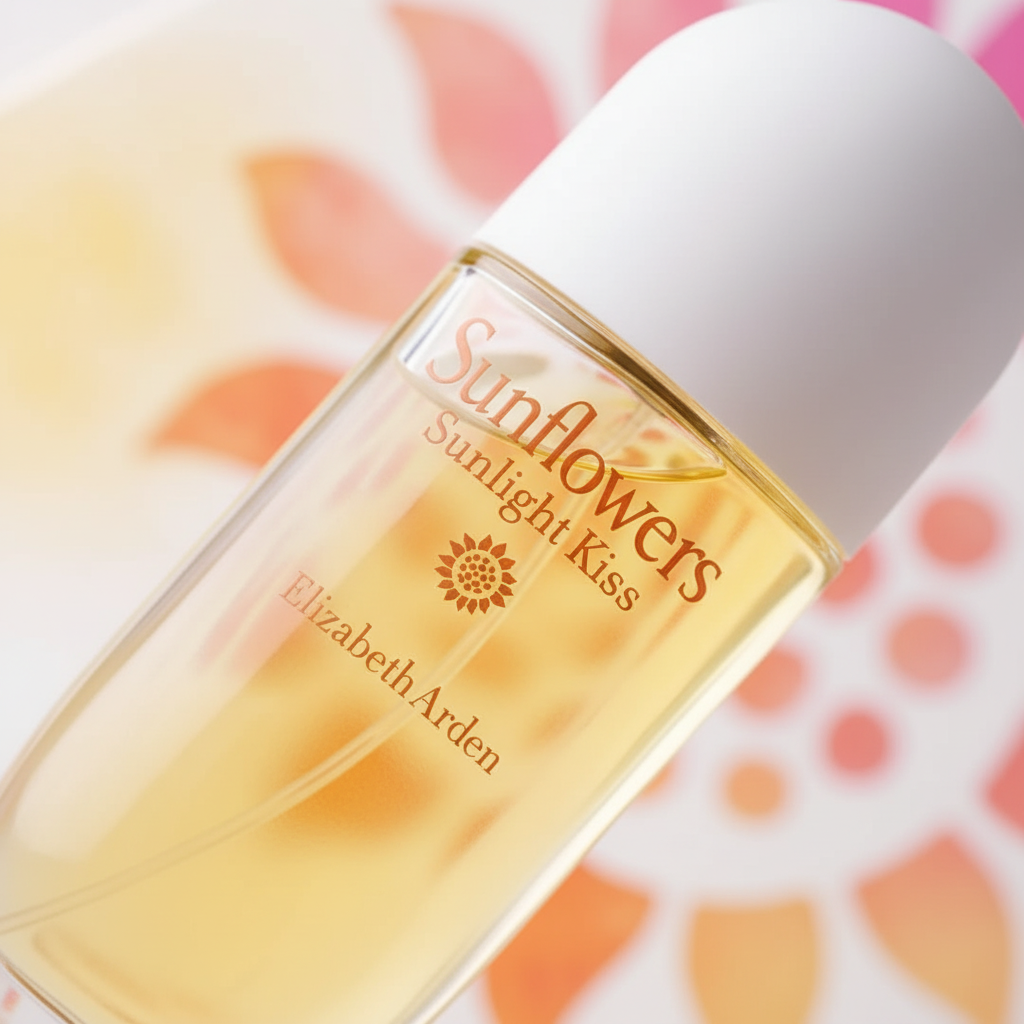 Detalhe do frasco do perfume Sunflowers Sunlight Kiss Eau de Toilette Feminino - Elizabeth Arden com foco no vidro e no líquido