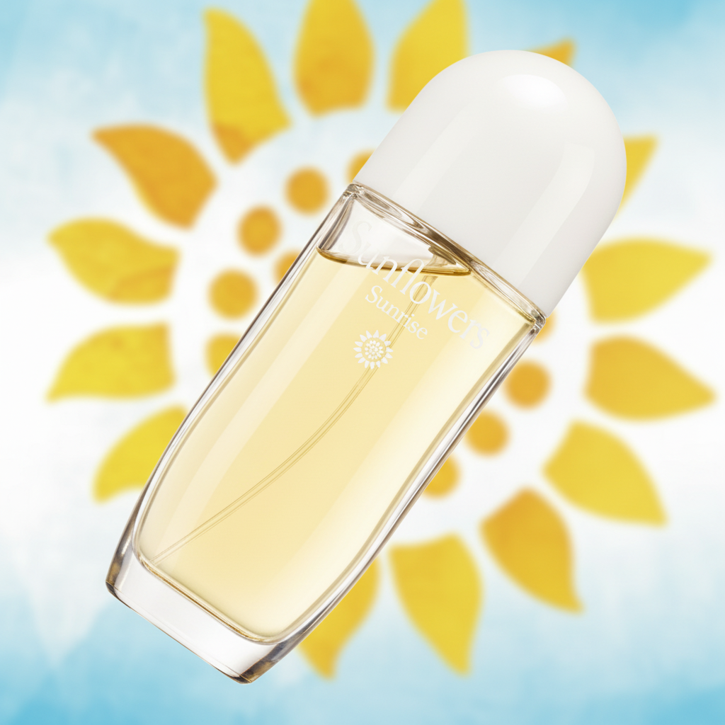 Detalhe do frasco do perfume Sunflowers Sunrise Eau de Toilette Feminino - Elizabeth Arden com foco no vidro e no líquido