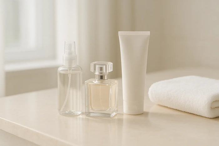 Body splash, perfume importado e hidratante corporal em bancada de banheiro elegante para ritual de perfumação