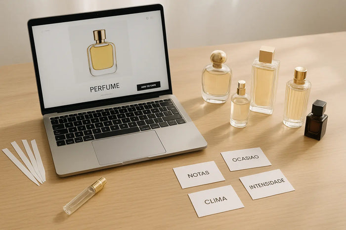 Mesa com notebook, frascos de perfume, decant, miniatura e cartões de notas para comprar perfume online com segurança