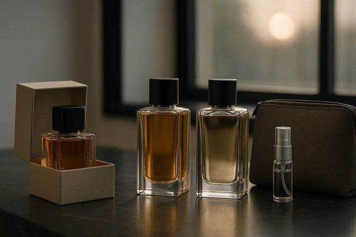 Frascos de perfume guardados longe da luz direta, com caixa, decant e necessaire sobre bancada elegante