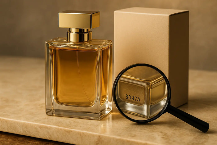 Frasco de perfume importado com caixa e lupa destacando lote e acabamento para verificar originalidade