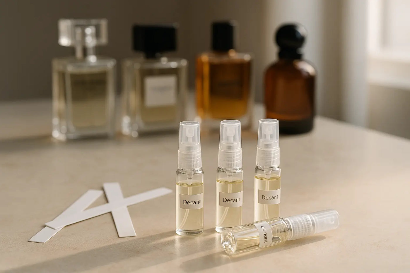 Atomizadores de decant de perfume sobre bancada elegante com frascos importados ao fundo