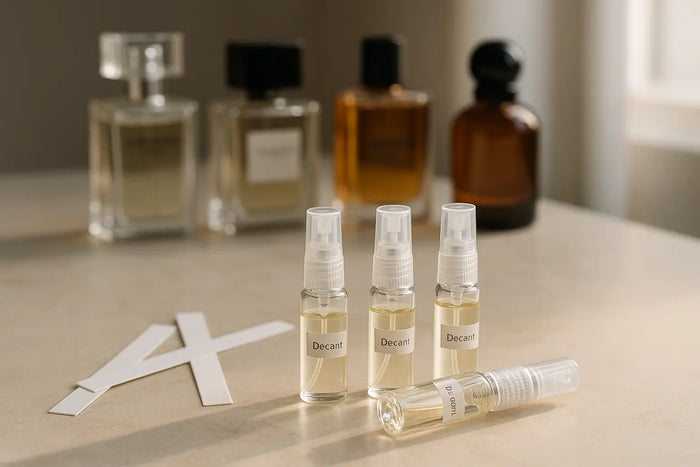 Atomizadores de decant de perfume sobre bancada elegante com frascos importados ao fundo
