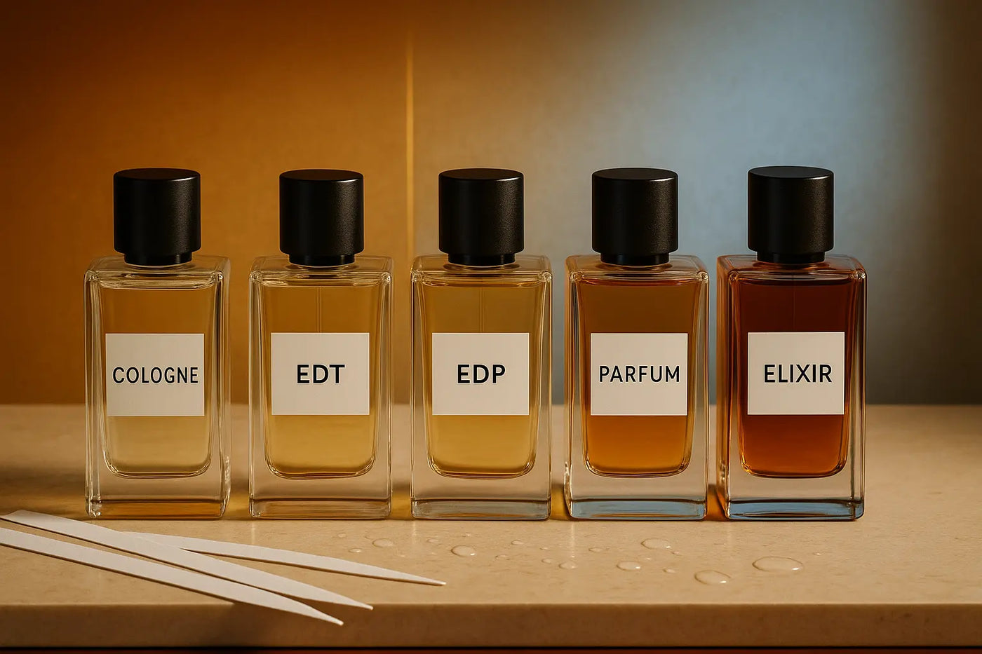 Frascos de perfume comparando Cologne, Eau de Toilette, Eau de Parfum, Parfum e Elixir por intensidade
