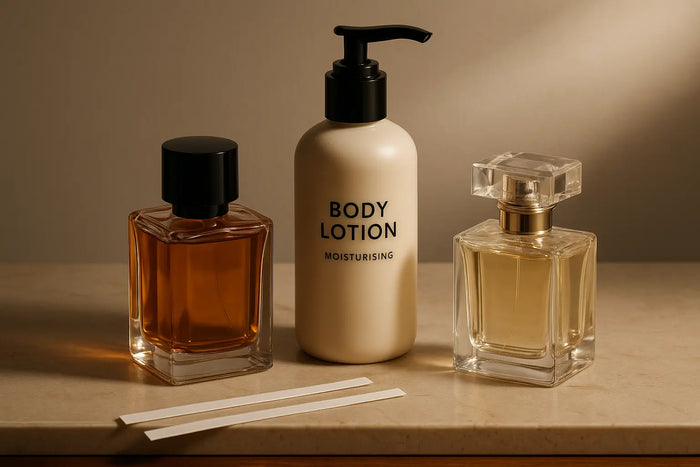 Frascos de perfume, hidratante corporal e tiras olfativas sobre bancada elegante para guia de fixação de perfume