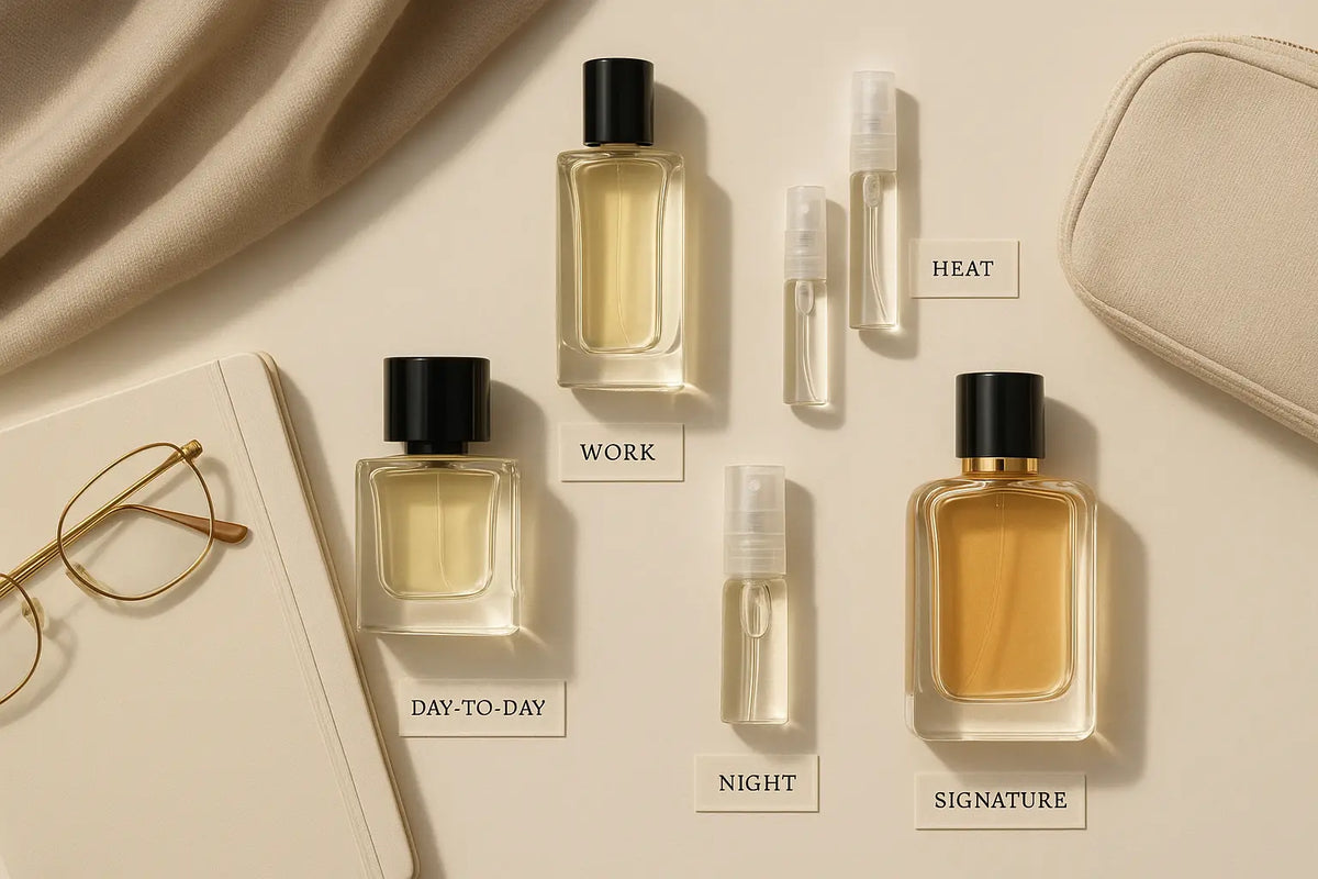 Guarda-roupa olfativo com perfumes e decants organizados por dia a dia, trabalho, calor, noite e assinatura pessoal