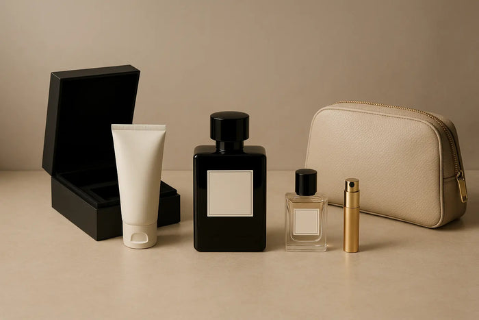 Kit de perfume aberto com frasco principal, loção corporal, miniatura, atomizer e nécessaire em bancada elegante
