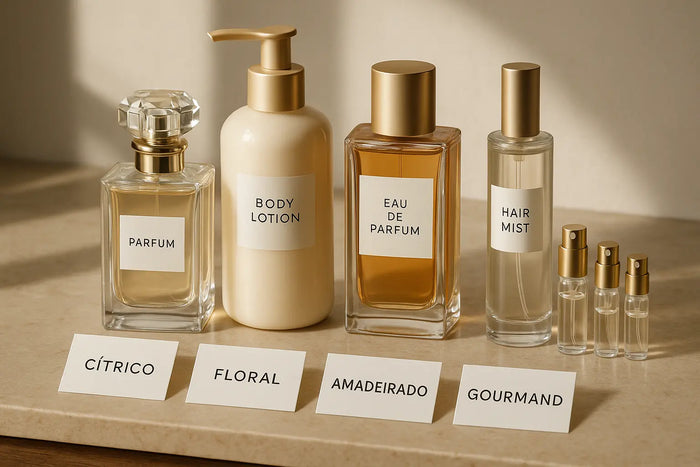 Penteadeira com perfumes, hidratante corporal, hair mist e decants para layering de perfumes