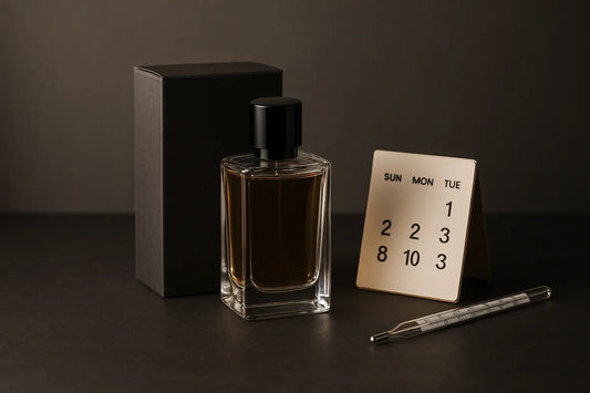 Frasco de perfume descansando ao lado da caixa original em bancada escura com luz suave