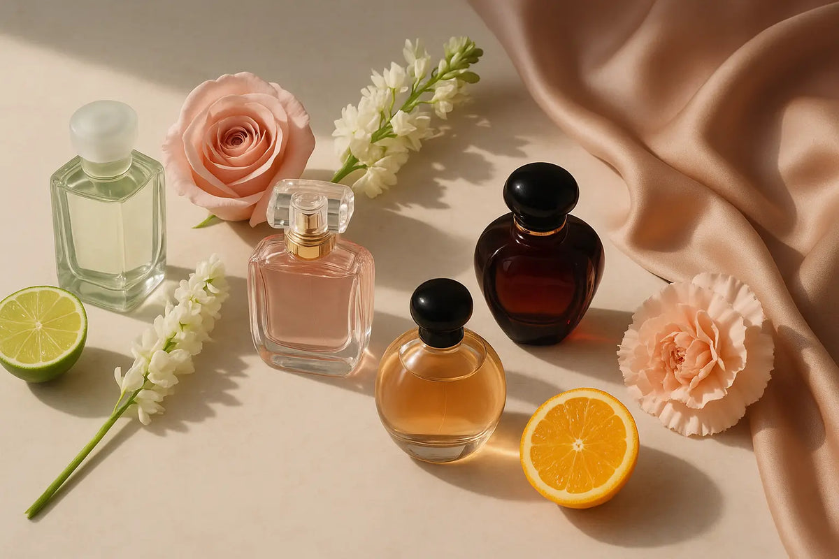 Frascos de perfumes femininos com flores, frutas cítricas e tecido acetinado em composição editorial