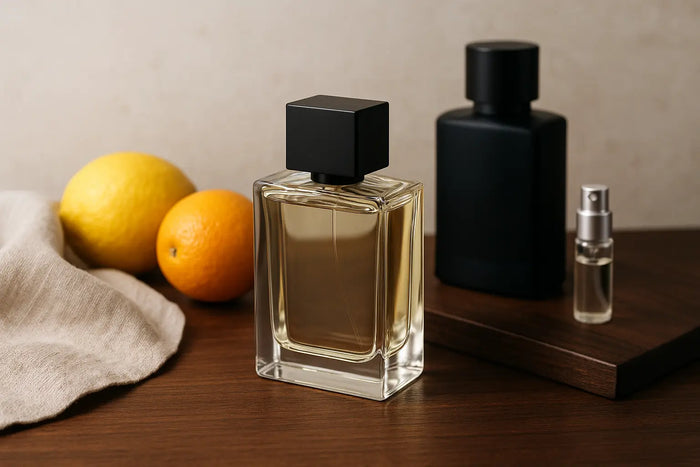 Frascos de perfumes masculinos e decant sobre bancada elegante com elementos cítricos e madeira