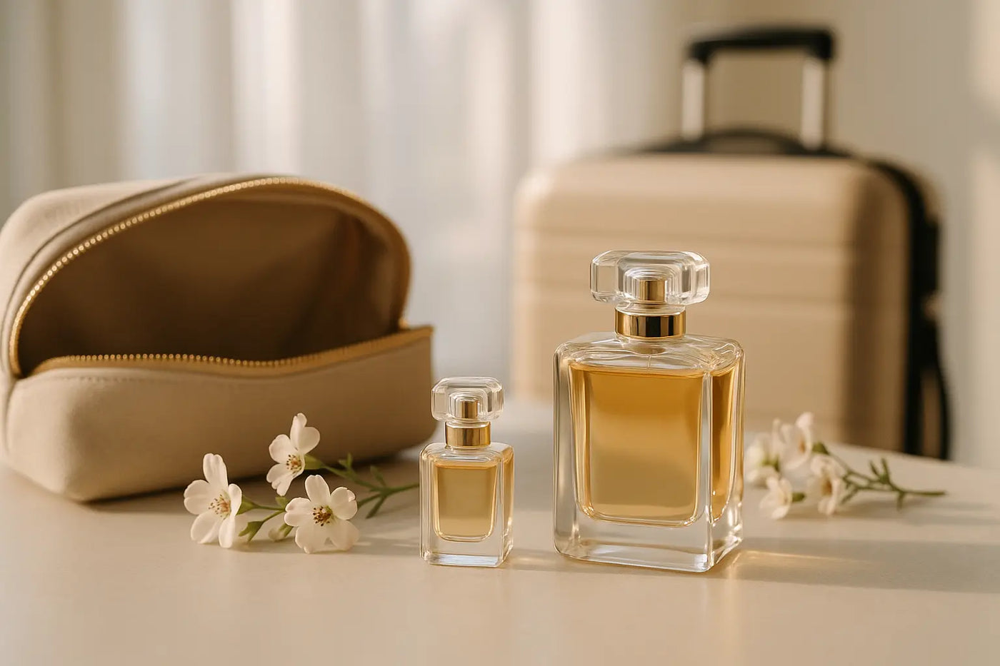 Miniatura de perfume ao lado de frasco maior, nécessaire e mala de viagem