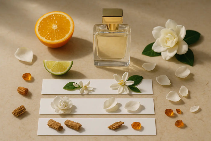 Frascos de perfume com tiras olfativas, cítricos, flores e madeiras representando notas de topo, coração e fundo