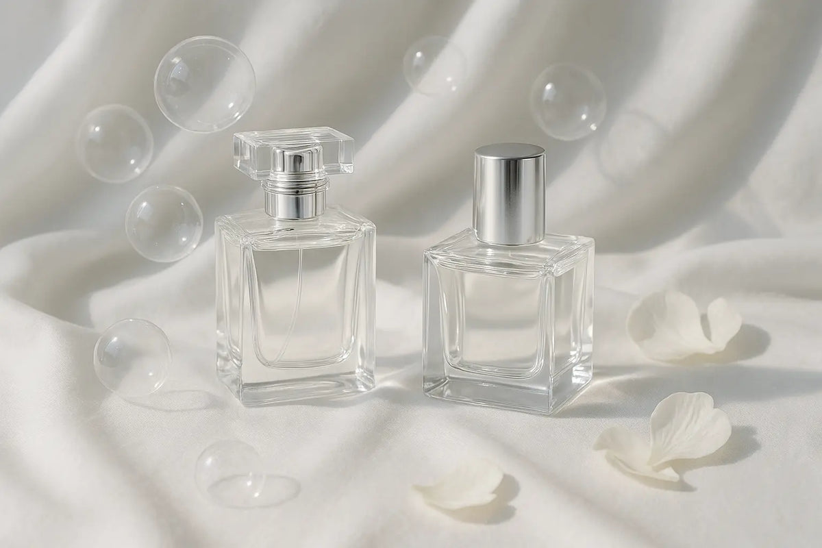 Frascos de perfume sobre tecido branco com pétalas claras e bolhas translúcidas representando perfume aldeídico elegante e limpo
