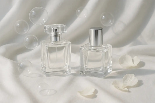 Frascos de perfume sobre tecido branco com pétalas claras e bolhas translúcidas representando perfume aldeídico elegante e limpo