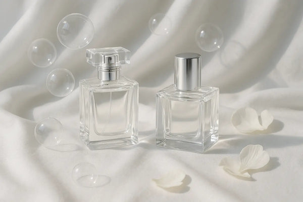 Frascos de perfume sobre tecido branco com pétalas claras e bolhas translúcidas representando perfume aldeídico elegante e limpo