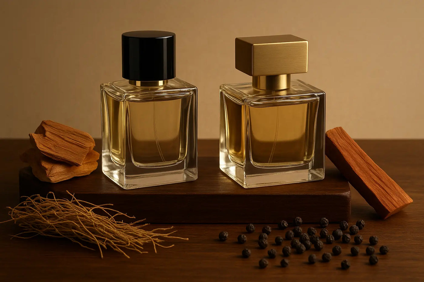Frascos de perfume sobre madeira escura com cedro, sândalo, vetiver e pimenta representando perfumes amadeirados