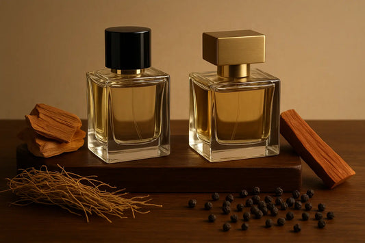 Frascos de perfume sobre madeira escura com cedro, sândalo, vetiver e pimenta representando perfumes amadeirados