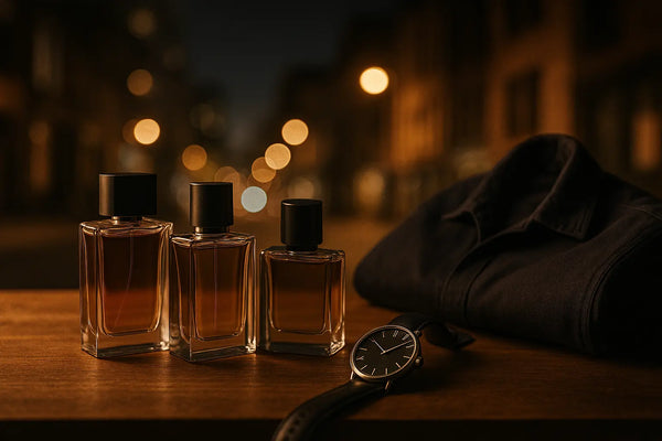 Frascos de perfume masculino em bancada elegante representando perfumes Antonio Banderas para rotina, encontro e noite