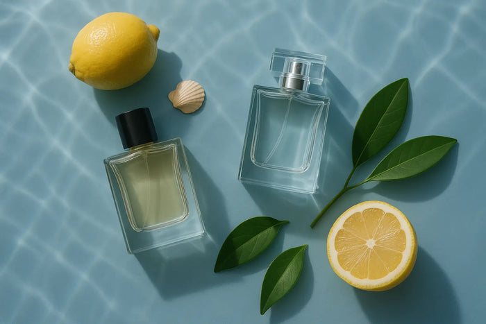 Frascos de perfume sobre superfície azul com reflexos de água, limões e folhas verdes representando perfume aquático fresco