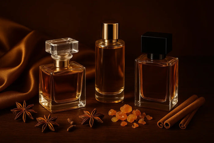 Frascos de perfume em cenário âmbar com especiarias e madeira escura representando perfumes árabes e orientais