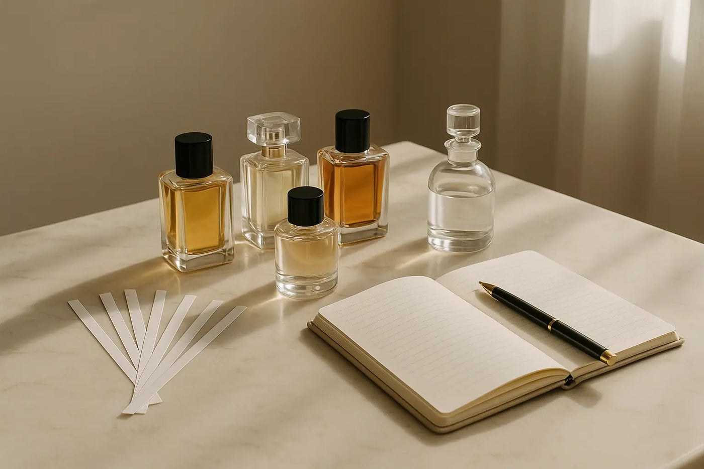 Mesa de consultoria olfativa com perfumes, tiras olfativas, decant e caderno para escolher um perfume assinatura