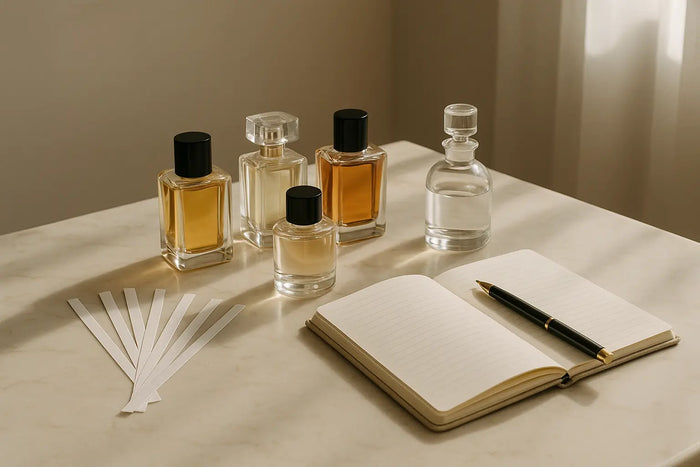 Mesa de consultoria olfativa com perfumes, tiras olfativas, decant e caderno para escolher um perfume assinatura