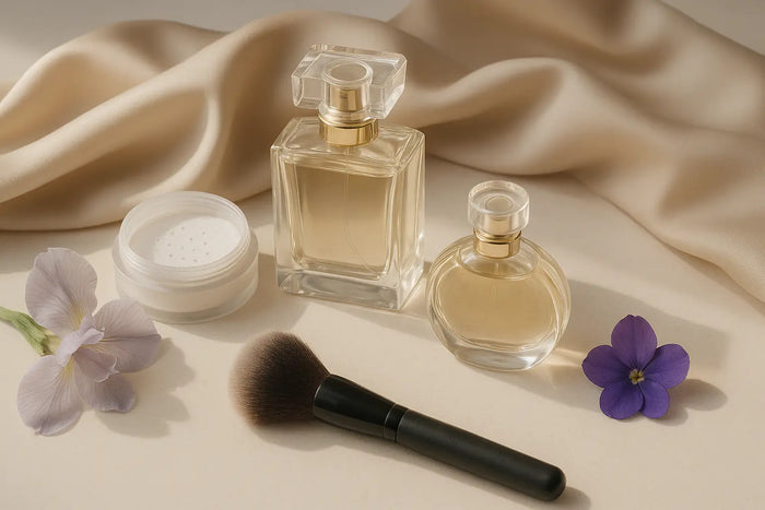 Frascos de perfume sobre bancada clara com pó translúcido, pincel de maquiagem e flores de íris e violeta representando perfume atalcado