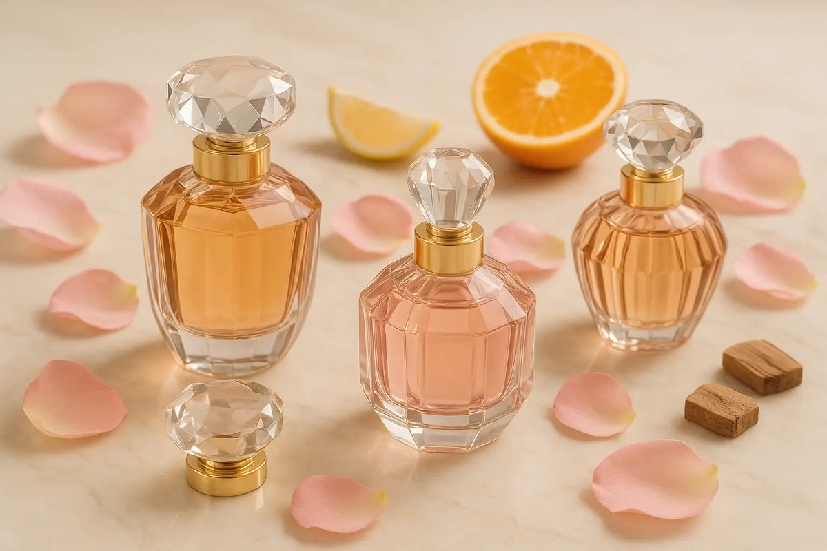Frascos sofisticados inspirados em joias representando perfumes Bvlgari florais, frescos e ambarados