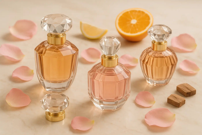 Frascos sofisticados inspirados em joias representando perfumes Bvlgari florais, frescos e ambarados