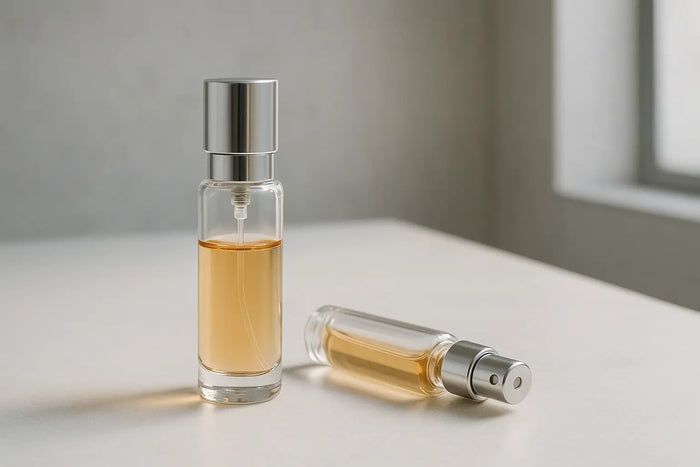 Decants de perfume Calvin Klein em bancada minimalista com tons claros e urbanos