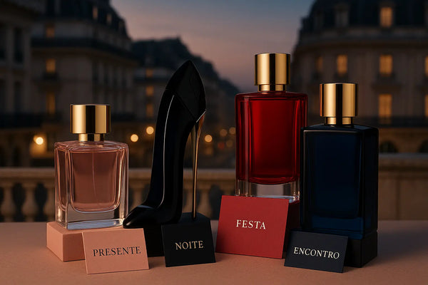 Perfumes Carolina Herrera em composição editorial com clima urbano elegante para guia de escolha entre 212, CH e Bad Boy