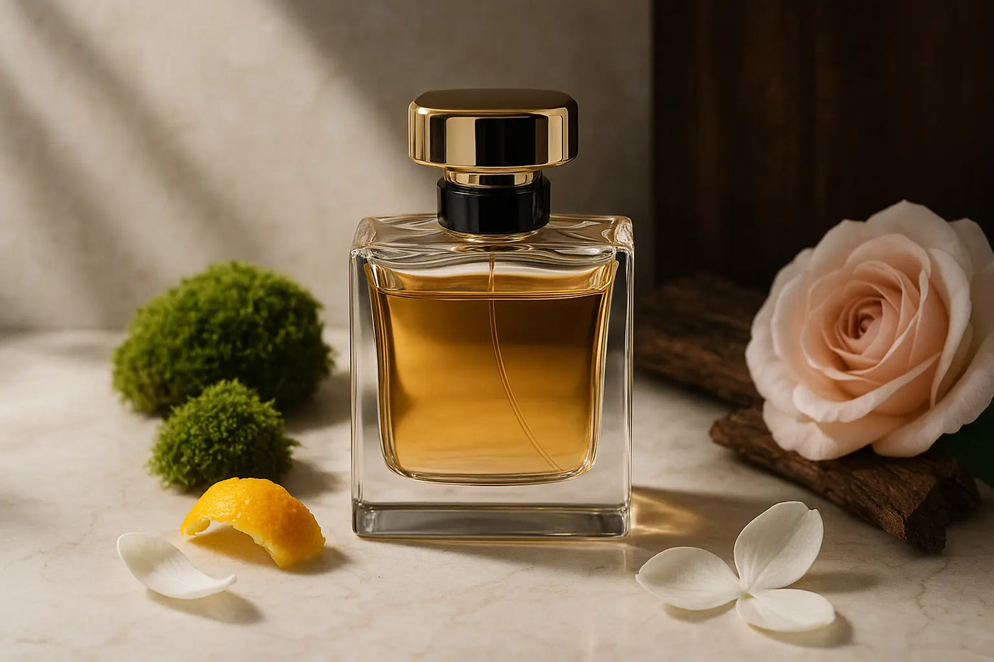 Frasco de perfume sobre mármore com bergamota, pétalas brancas, musgo e madeira representando a família olfativa chipre