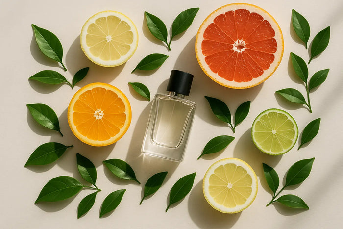 Frasco de perfume com frutas cítricas cortadas e folhas verdes em fundo claro