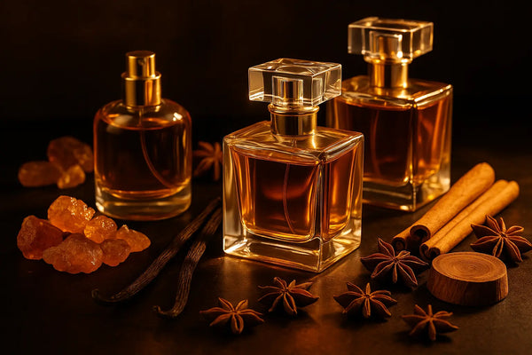 Frascos de perfume em luz âmbar com resinas, baunilha e especiarias representando perfumes ambarados