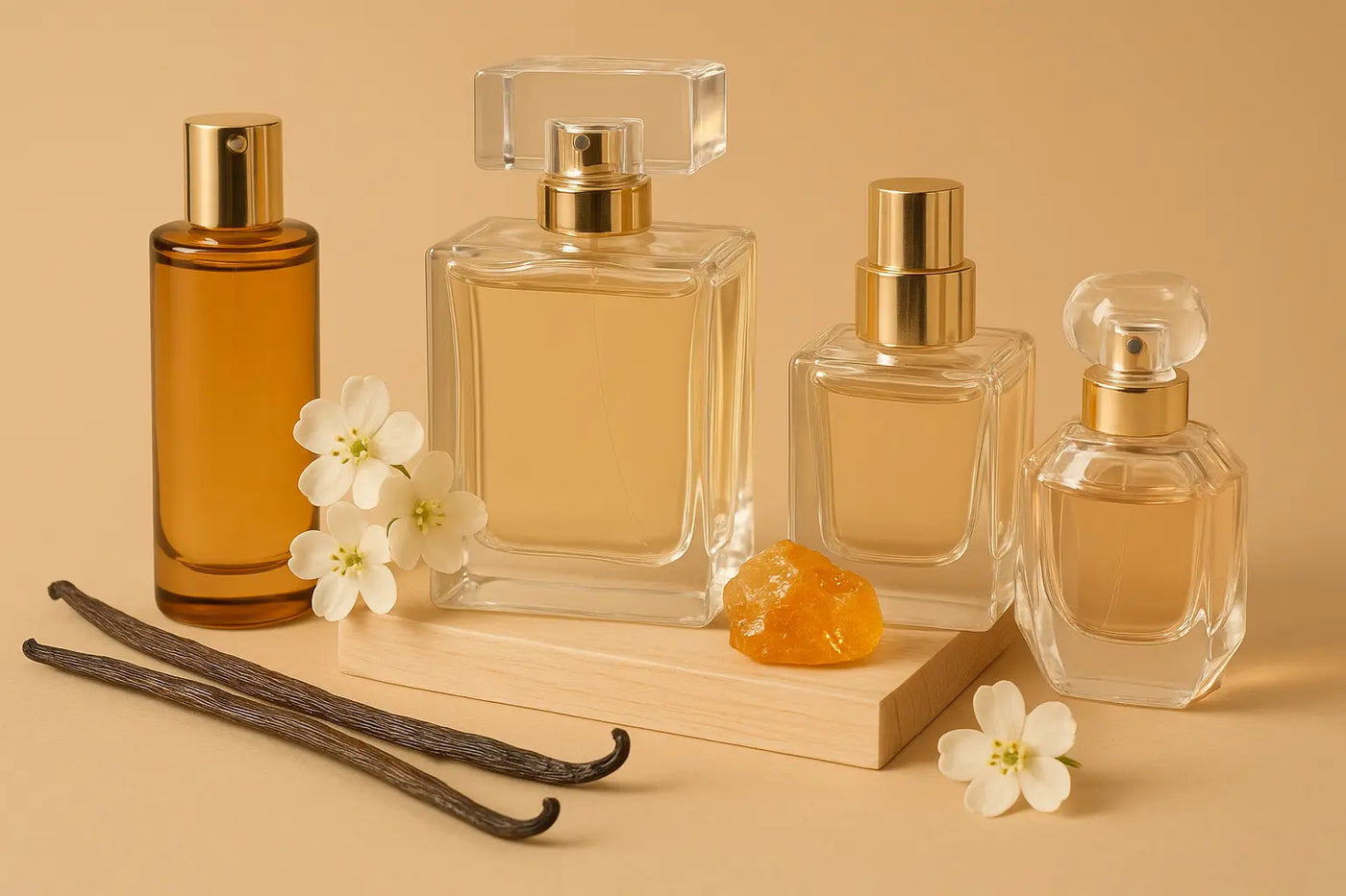 Frascos de perfume com favas de baunilha, âmbar, flores brancas e madeira clara em composição editorial sofisticada