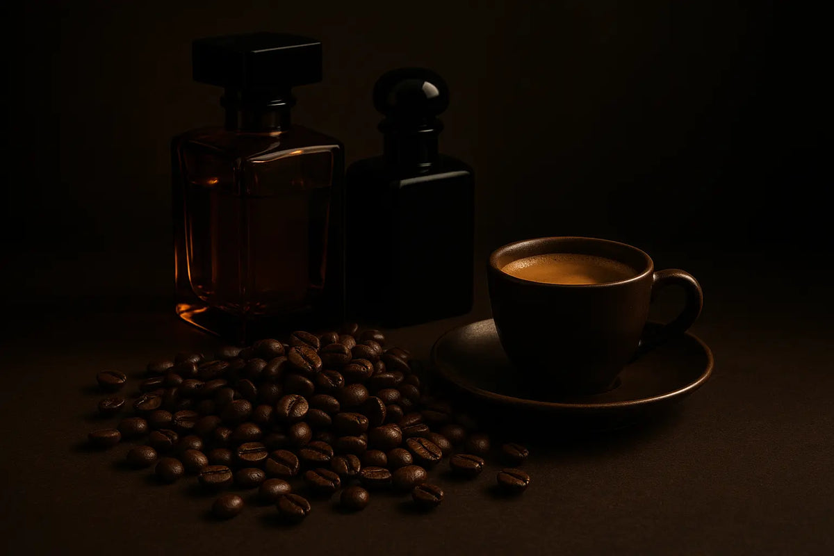 Frascos de perfume em tons âmbar e preto ao lado de grãos de café torrado e uma xícara de espresso