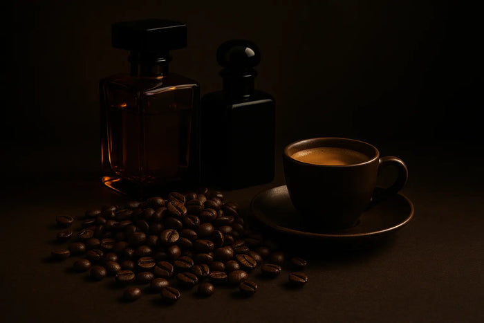 Frascos de perfume em tons âmbar e preto ao lado de grãos de café torrado e uma xícara de espresso