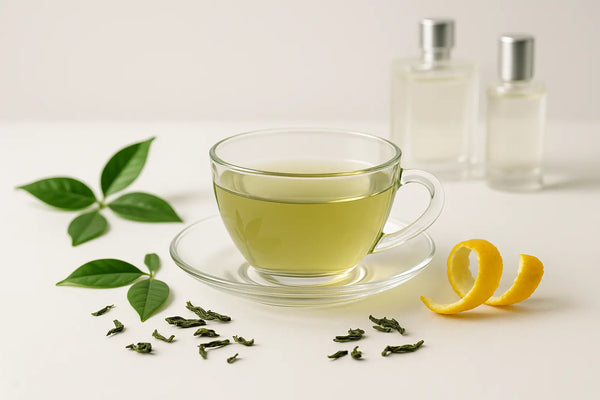 Folhas de chá verde, xícara de chá clara, bergamota e frascos de perfume ao fundo representando perfume com chá