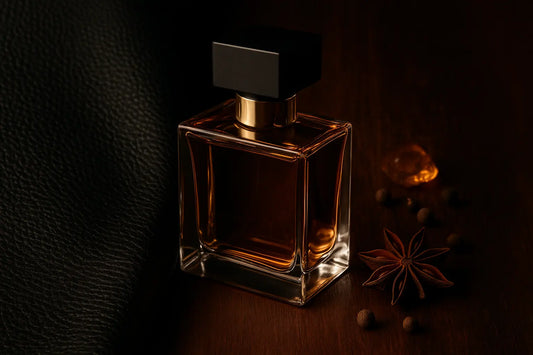 Frasco de perfume sobre couro preto e madeira escura representando perfume com couro elegante
